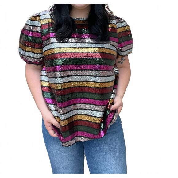 Fate Curve Women’s Sequin Top Plus Size Multicolor Stripe Party Blouse NWT - Picture 1 of 12